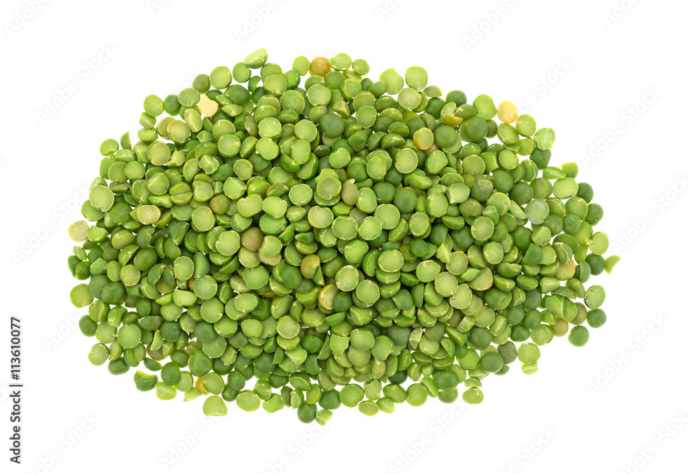 Portion of organic green split peas on white a background top view. Portion of organic green split peas on white a background top view.