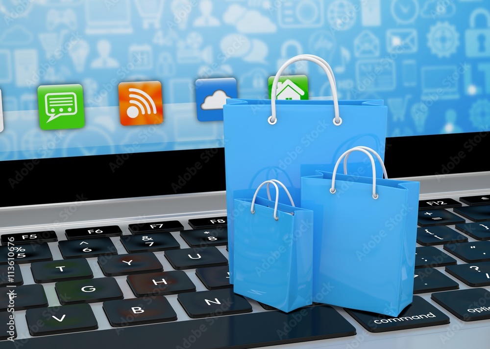 laptop and shopping pags on white background. 3d rendering. laptop and shopping pags on white background. 3d rendering.