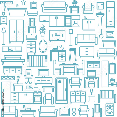 Vector seamless pattern background with home furniture outline icons 6