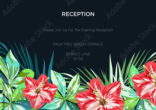 Wedding invitaion or card design with exotic tropical flowers and leaves