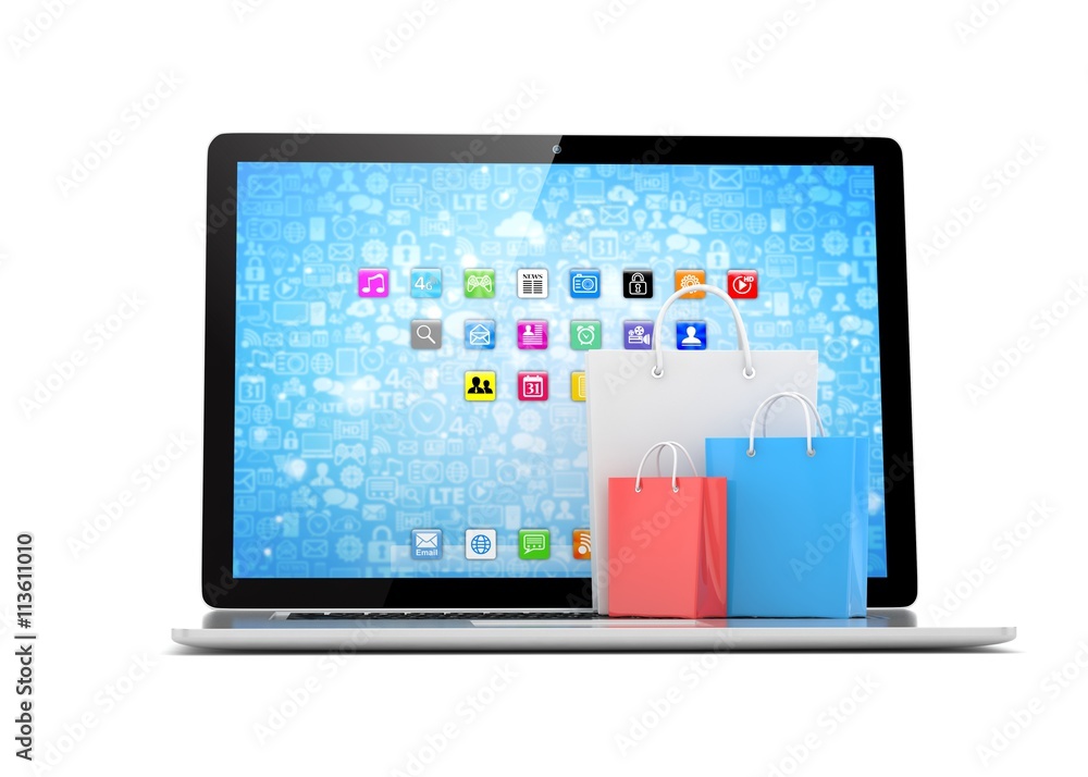 laptop and shopping pags on white background. 3d rendering. laptop and shopping pags on white background. 3d rendering.