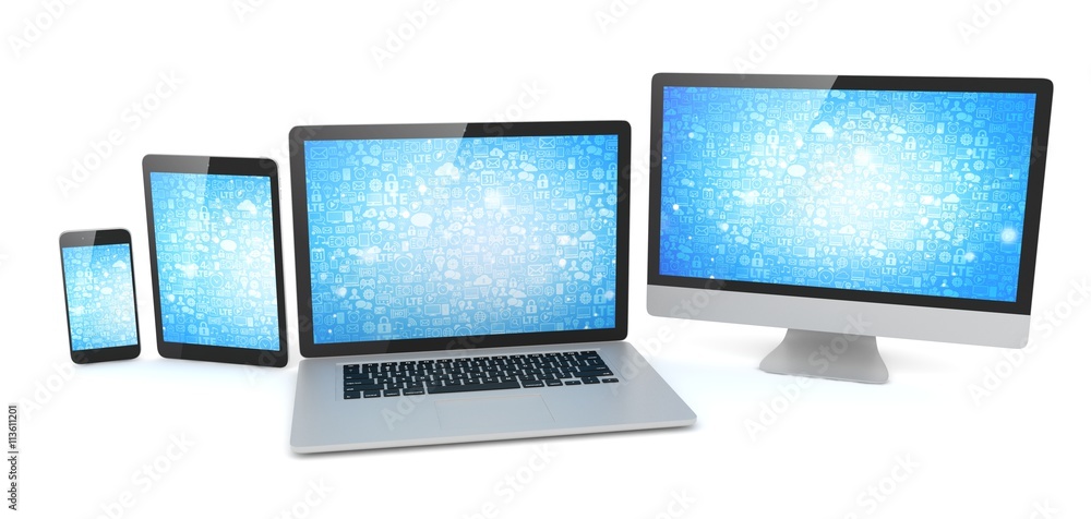 Responsive web design, laptop, smartphone, tablet, computer, display. 3d rendering. Responsive web design, laptop, smartphone, tablet, computer, display. 3d rendering.