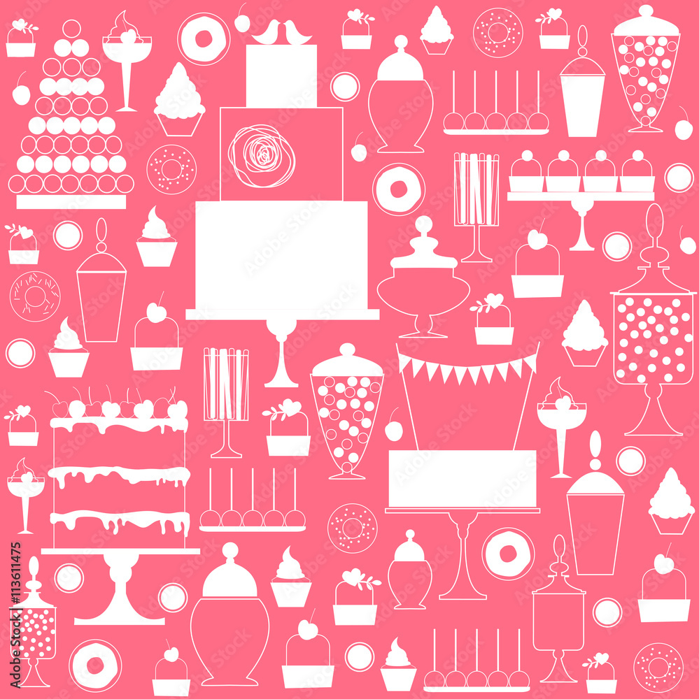 Candy buffet elements. Wedding dessert bar. Birthday sweet table. Vector pattern. Candy buffet elements. Wedding dessert bar. Birthday sweet table. Vector pattern.