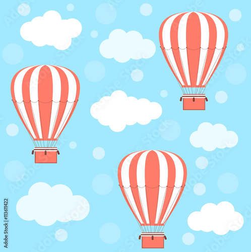 Hot air balloons and clouds. Vector pattern.
