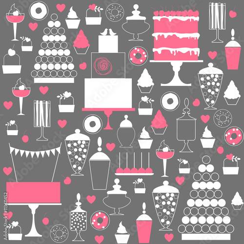 Wedding dessert bar with cake and macaroons. Sweet table. Candy Buffet.  Vector pattern.