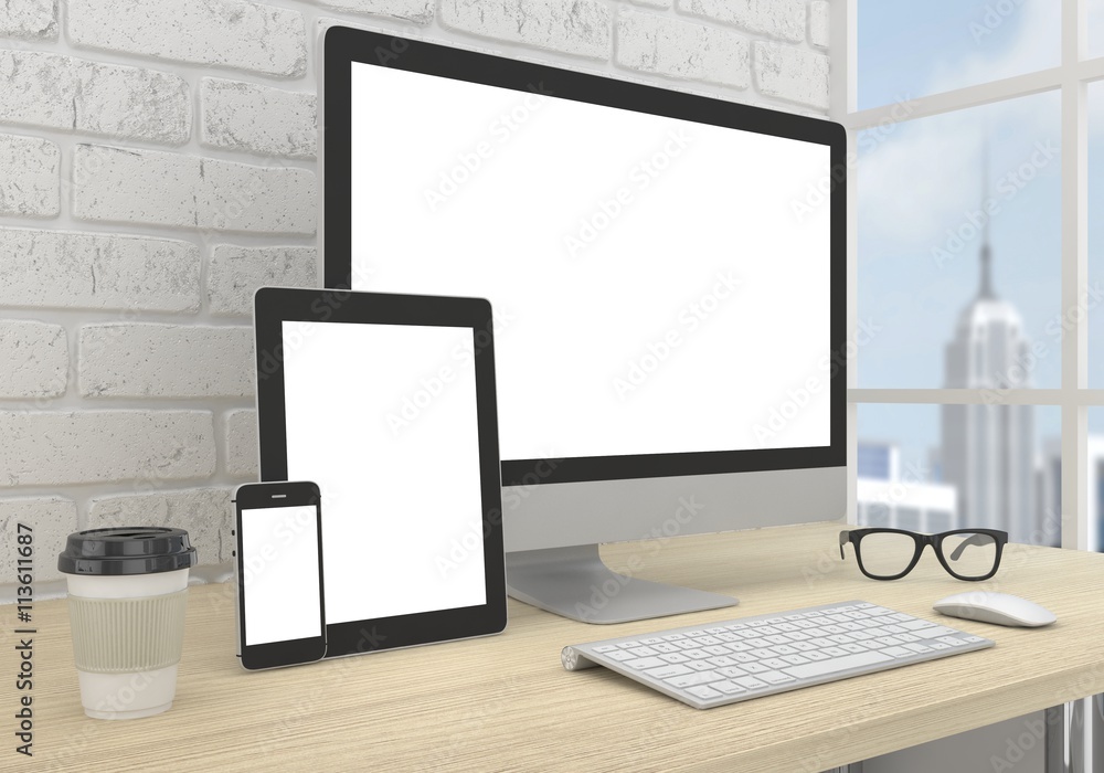 Responsive mockup screen. Monitor, tablet, phone on table in office. 3d rendering. Responsive mockup screen. Monitor, tablet, phone on table in office. 3d rendering.