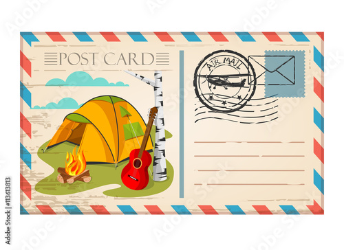 Vintage postcard travel camping with stamp air mail 
