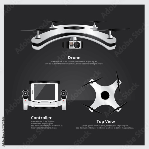 Drone Front and Top View with controller and camera Vector Illustration