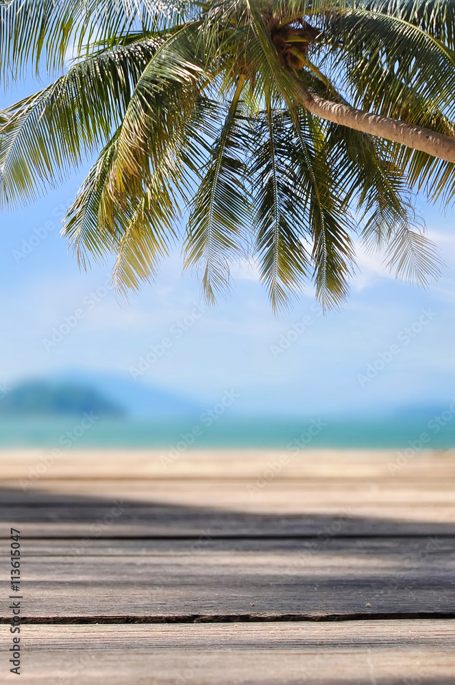 Coconut palm tree with plank on tropical beach background, happy summer holiday concept and display products idea Coconut palm tree with plank on tropical beach background, happy summer holiday concept and display products idea