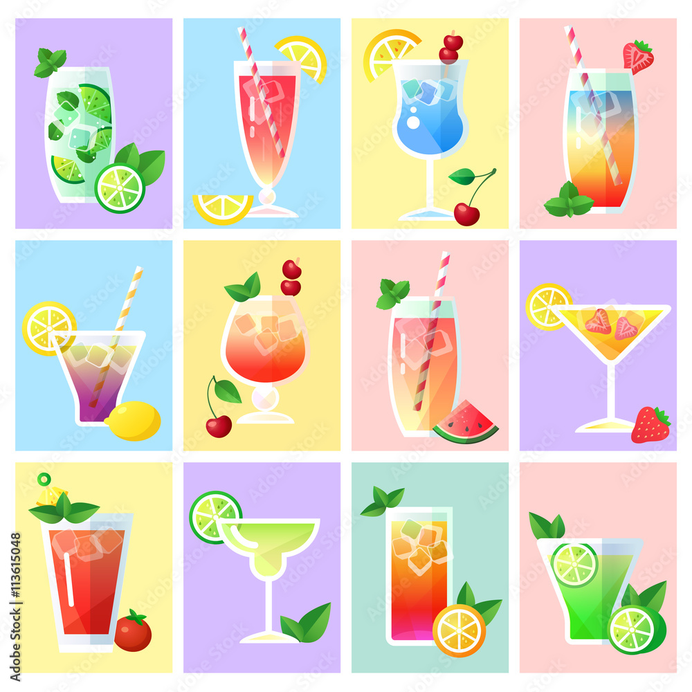 Collection of cocktails with fruits, flat design Collection of cocktails with fruits, flat design