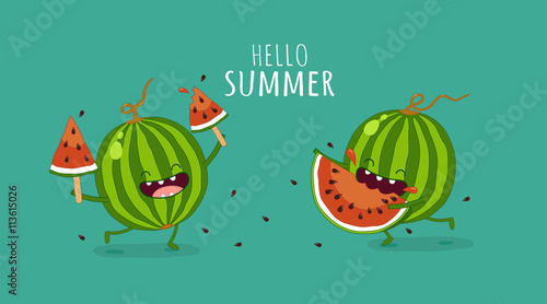 Funny watermelon eating a piece of watermelon. Hello summer. Use for card, poster, banner, web design and print on t-shirt. Easy to edit. Vector illustration.
