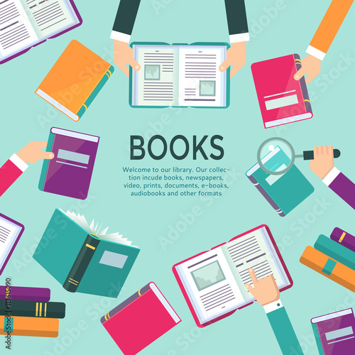 Book readers concept illustration with hands holding books. Template for public library, vector poster or banner