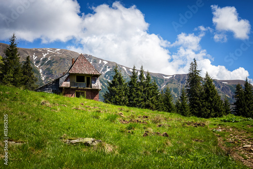 Beautiful landscape with old, refuge house in the Carpathian mou