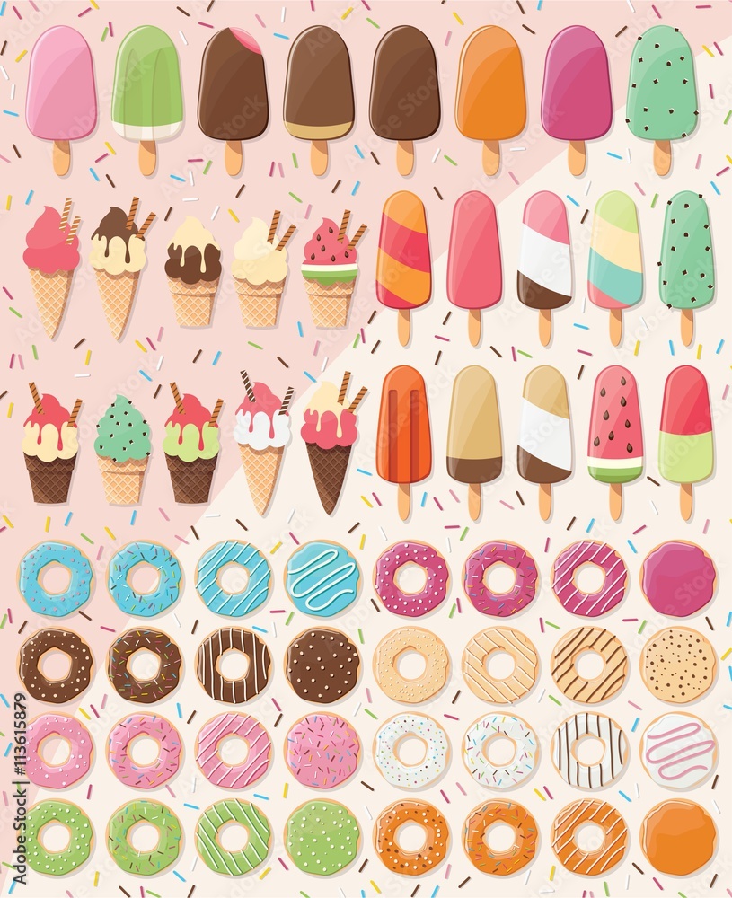 Huge collection of 28 ice creams and 32 donuts, delicious and tasty treats