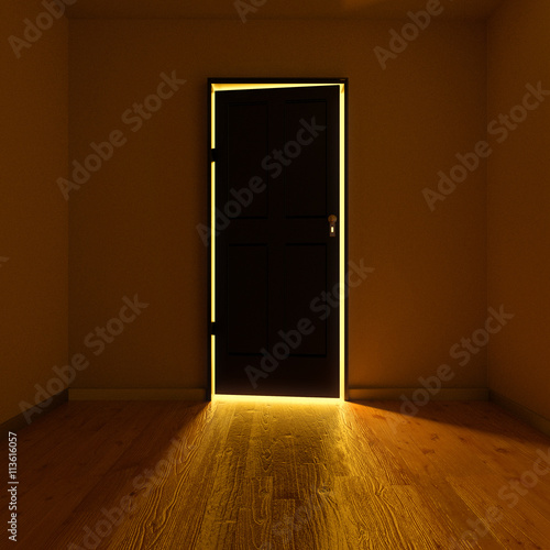 Dunkler Raum mit einer beleuchteten Tür photo
