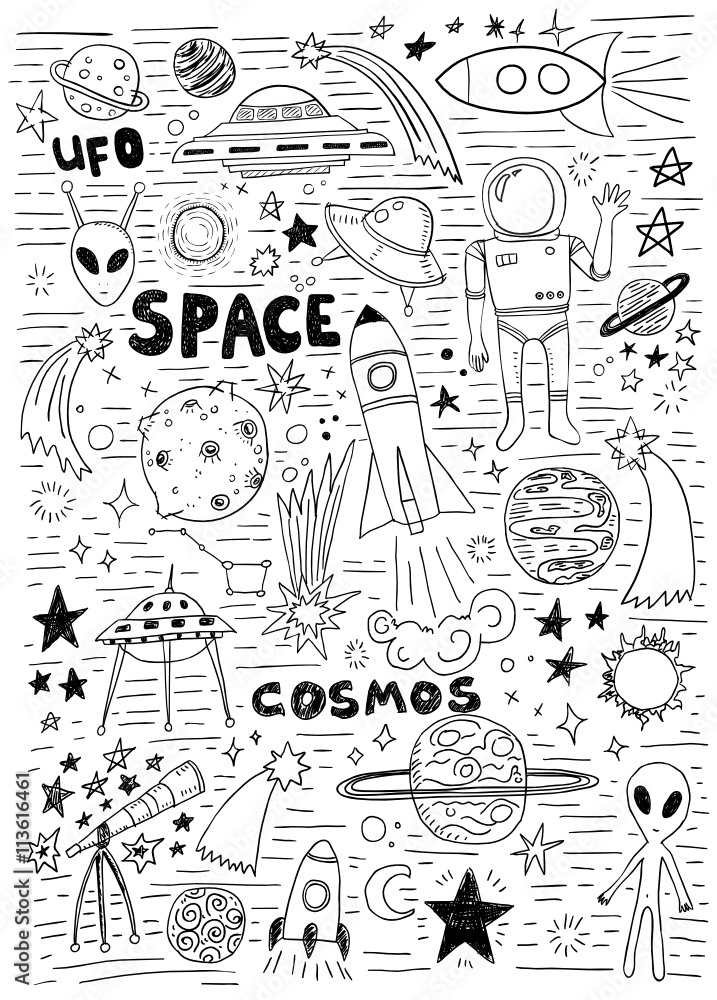 Hand drawn space doodle set