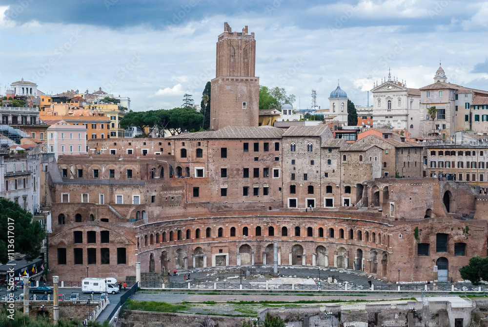 Trajan's Market and tilting Tower of the Militia in Rome, Italy