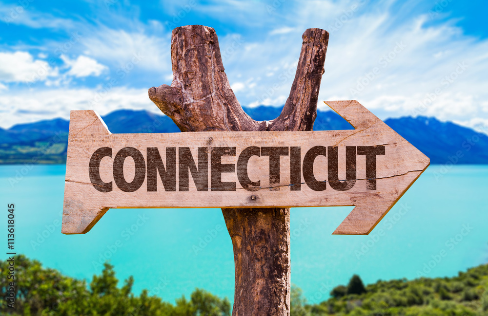 Connecticut wooden sign with landscape background