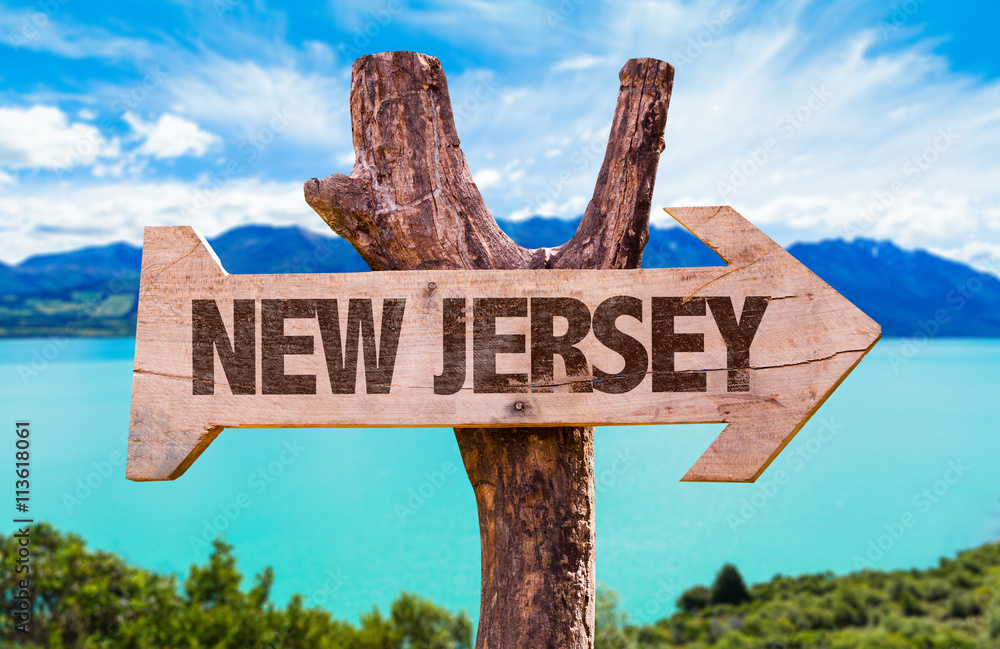 New Jersey wooden sign with landscape background