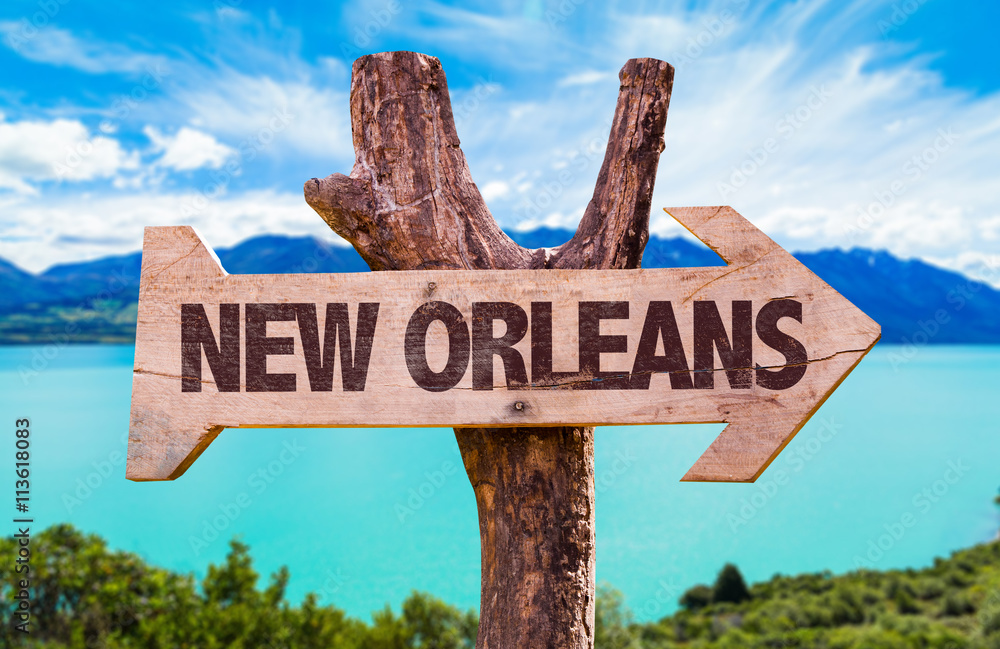 New Orleans wooden sign with landscape background