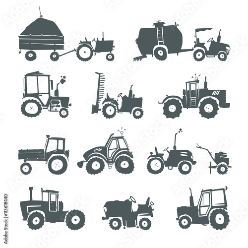Tractors. Set of vector funny tractors and specialized equipment isolated on white background. Simple silhouettes icons farm machinery. Web design elements for business, site, mobile app.