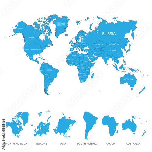 Fototapeta Naklejka Na Ścianę i Meble -  World map with the name of countries and continents. Vector illustration.