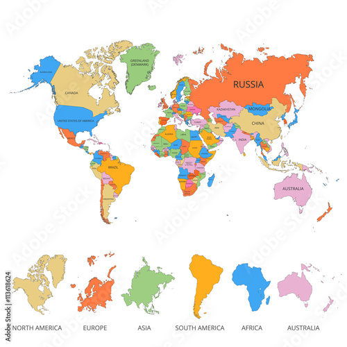 World map with the name of countries and continents. Vector illustration.