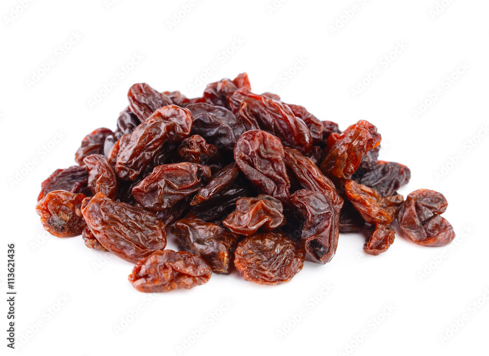 Dried raisins on a white background