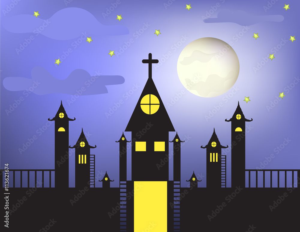 Castle, star and moon in the night of Halloween day.