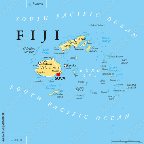 Fiji political map with capital Suva, islands, important cities and reefs. English labeling and scaling. Illustration. photo