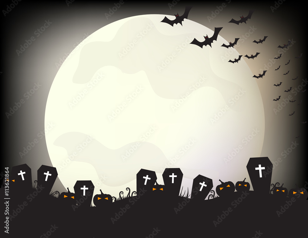 graveyard, bat ,pumpkin and moon in the night of Halloween day.