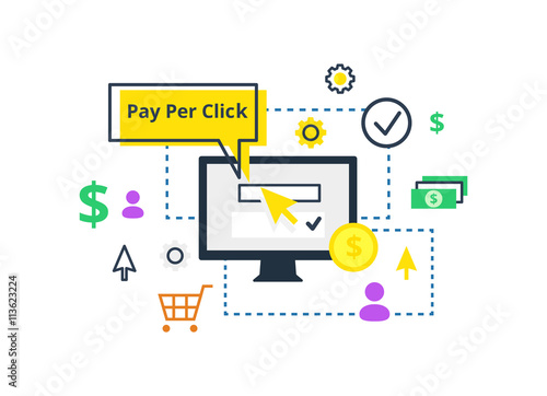 Pay per click - internet marketing, advertising concept in line and flat style. PPC vector illustration.
