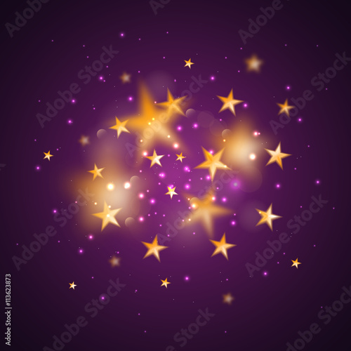 Magic background with blurred stars. Vector gold defocused stars on purple background.