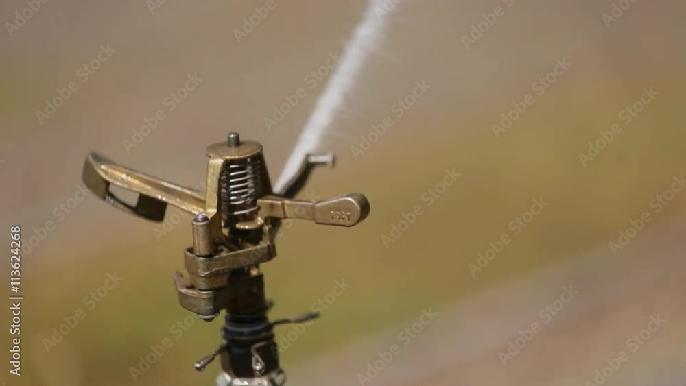 Close up water sprinkler spray watering, flower garden background Close up water sprinkler spray watering, flower garden background