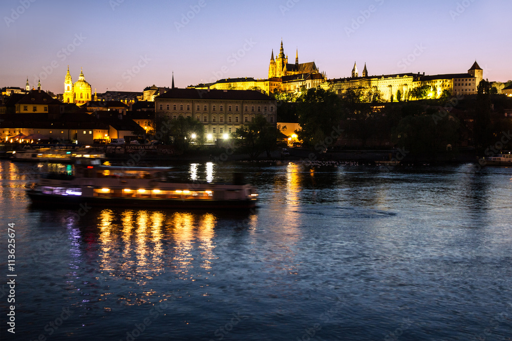 Prague Castle and river Vltava, night view, Czech republic
