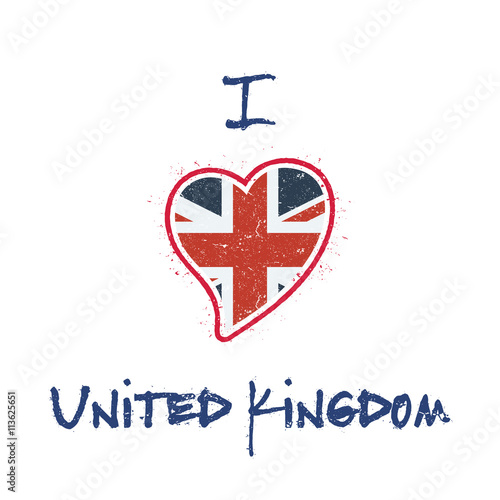 British flag patriotic t-shirt design. Heart shaped national flag United Kingdom on white background. Vector illustration.