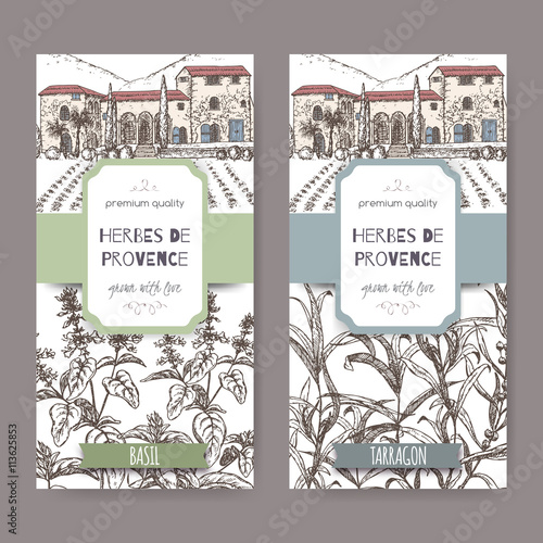 Two labels with Provence mansion, basil and tarragon on white