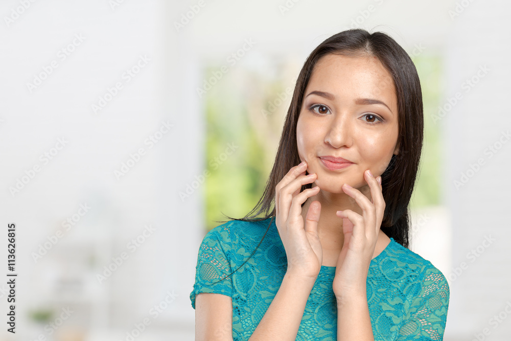 Casual mixed-race Asian Caucasian woman smiling looking happy Casual mixed-race Asian Caucasian woman smiling looking happy
