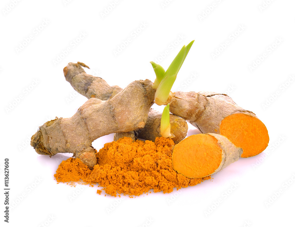 Baby turmeric plant,powder turmeric. Stock Photo Adobe Stock