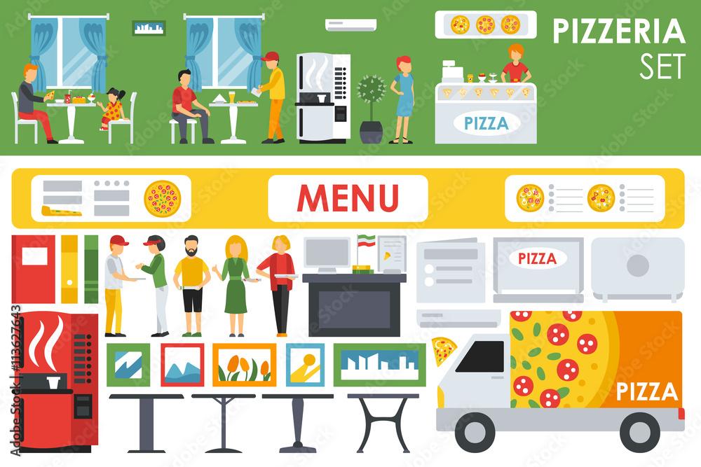 Big detailed Pizzeria Interior flat icons set. Menu, Waiter, Tables. Pizza conceptual web vector illustration. Big detailed Pizzeria Interior flat icons set. Menu, Waiter, Tables. Pizza conceptual web vector illustration.