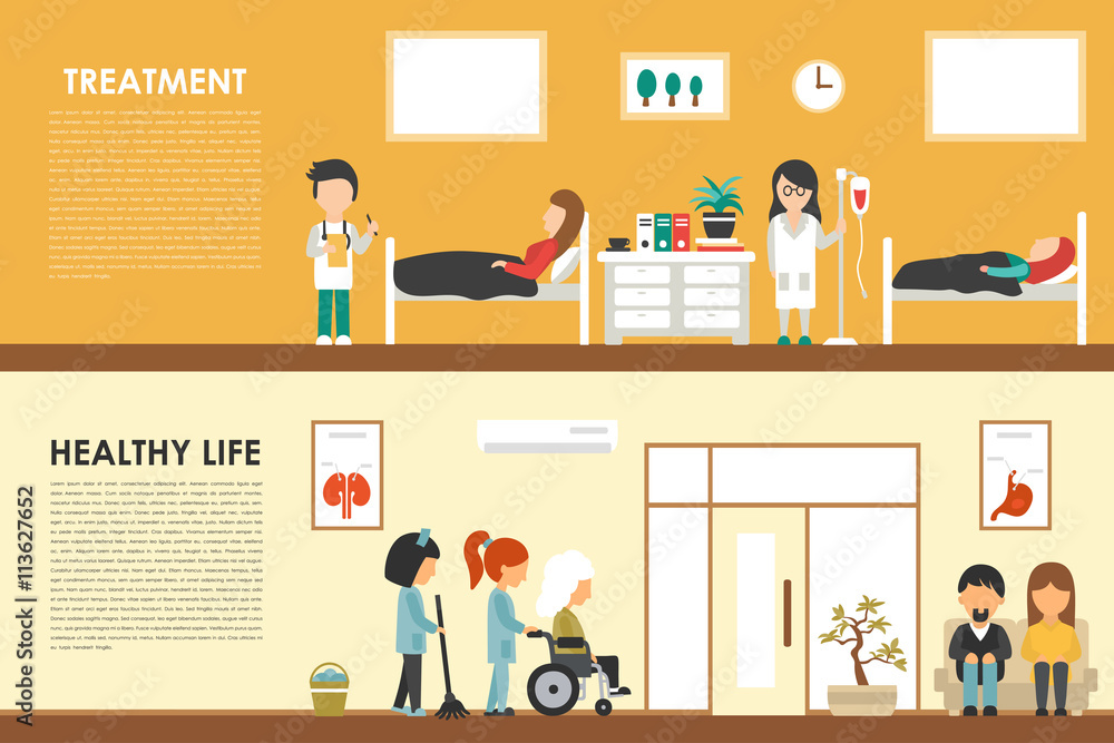 Treatment Healthy Life flat hospital interior concept web vector illustration. Doctor, Nurse, Wheelchair, Clinic. Medicine service Treatment Healthy Life flat hospital interior concept web vector illustration. Doctor, Nurse, Wheelchair, Clinic. Medicine service