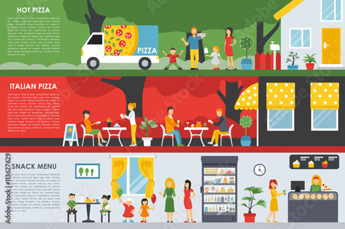 Hot Italian Pizza and Snack Menu flat concept web vector illustration. People, Visitors, Waiters, Deliveryman, Car. Pizzeria Restaurant interior presentation.