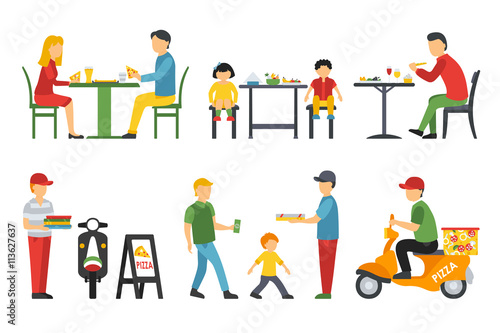 People in a flat interior. Pizza icons set. Customers, Bistro, Waiters, Delivery, Scooter. Pizzeria conceptual web vector illustration. 