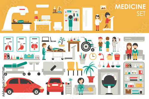 Medical Big Collection in flat design background concept. Infographic elements set with hospital staff doctor and nurse around medicine tools equipment