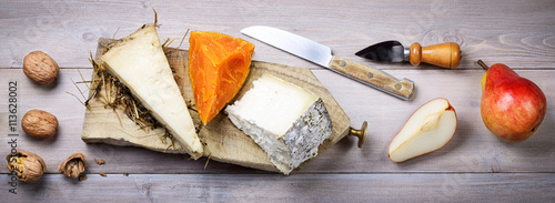 Cheese aged in hay, Mimolette cheese, Toma Brusca cheese with pears and walnuts 