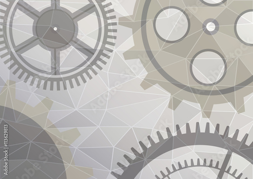 Vector illustration of gear wheel abstract background. Grey transparent banner with clockwork. Poligonal design.  EPS10.