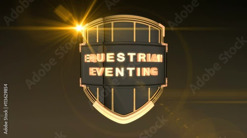 Seamless looping 3D animation of the word Equestrian Eventing on a shield – orange light version; including alpha matte photo