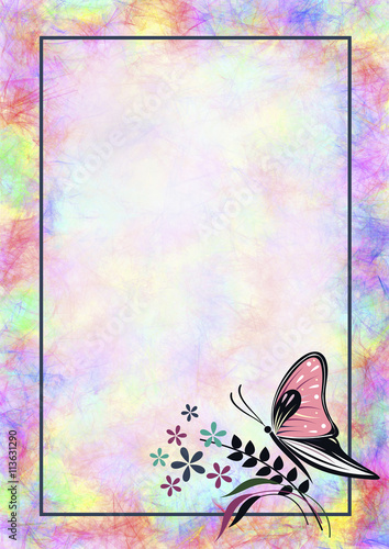 Hand drawn textured floral background with insect. Colorful vintage card with butterfly Template for letter or greeting card.Series of Watercolor,Oil,Pastel Backgrounds and Cards,Blanks,Forms.