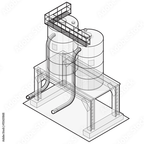 Water reservoir outlined. Water reservoir isometric building info graphic. Wire water supply resource. Pictogram industrial chemistry cleaner set with blue details. Flatten isolated master vector icon