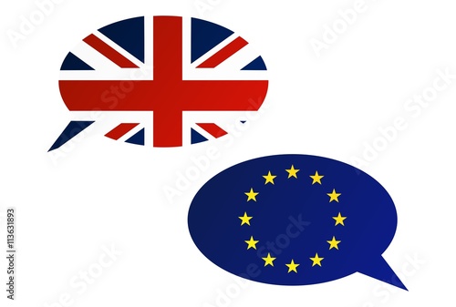Conversation dialogue bubbles between EU and United Kingdom. Election or referendum in Great Britain.